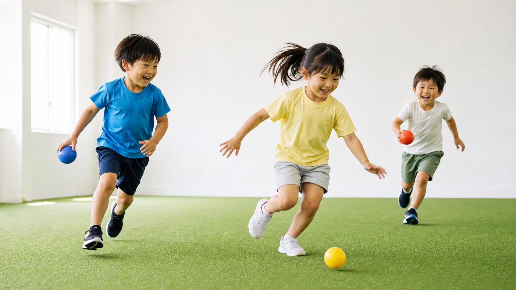 無地の人工芝でボールを使いながら走る子どもたち